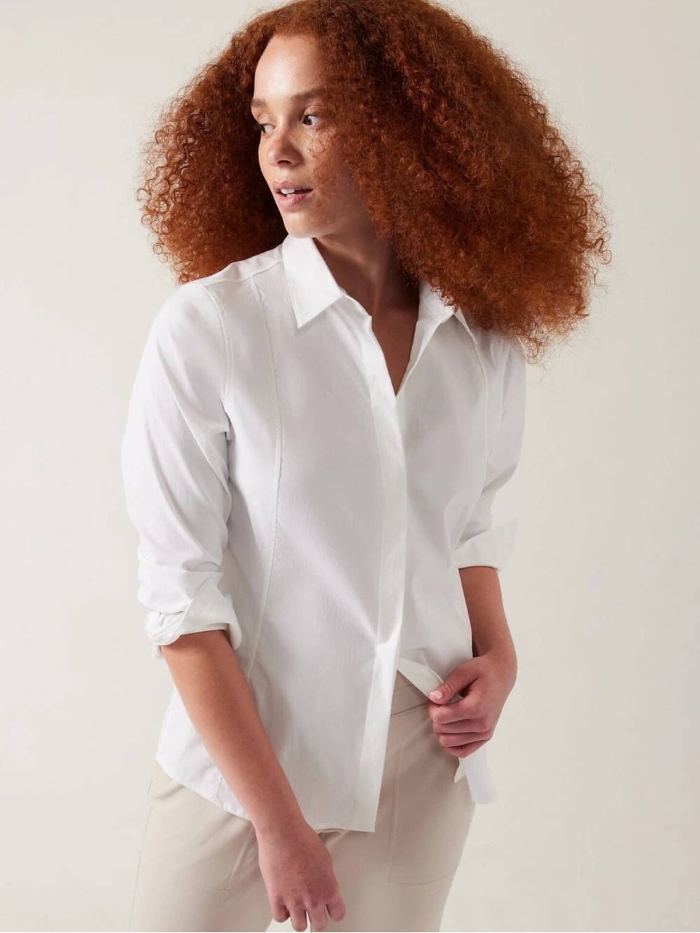 Athleta Uptown Shirt White Stretch Poplin Hidden Button Tailored Blouse Top XS